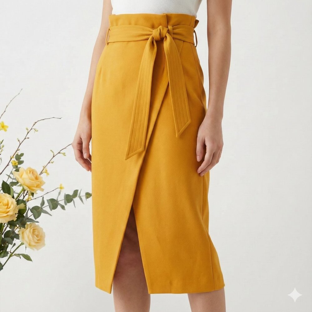 Topshop Mustard Yellow Paperbag Waist Midi Skirt